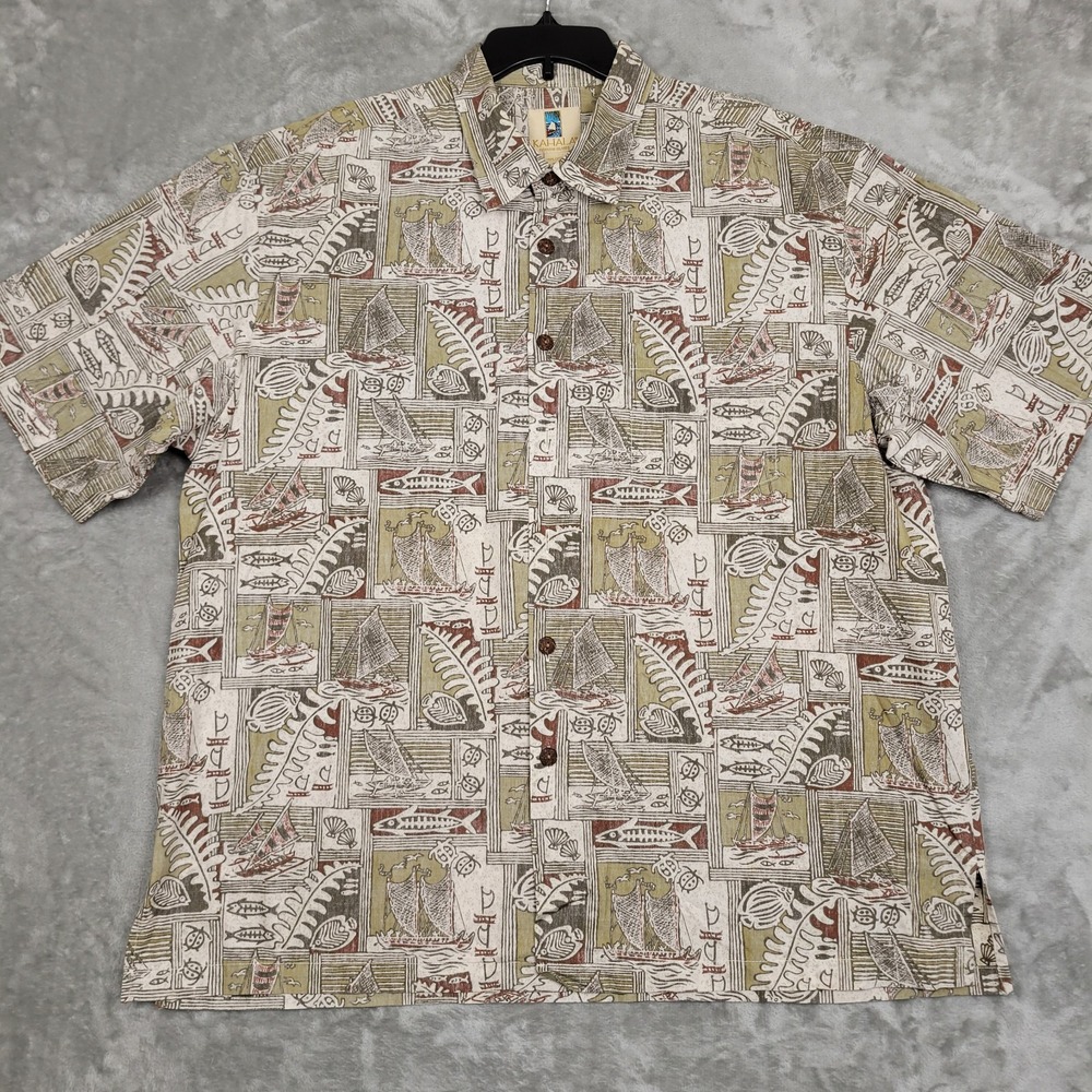 Kahala Mens 2XL Short Sleeve Button-Up Turtle Fish Boat Geometric Hawaiian Shirt